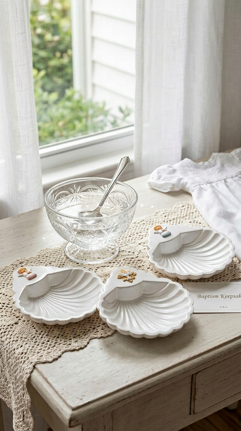 Baptism shell keepsake with soft white fabric and gentle light representing new life in Christ
