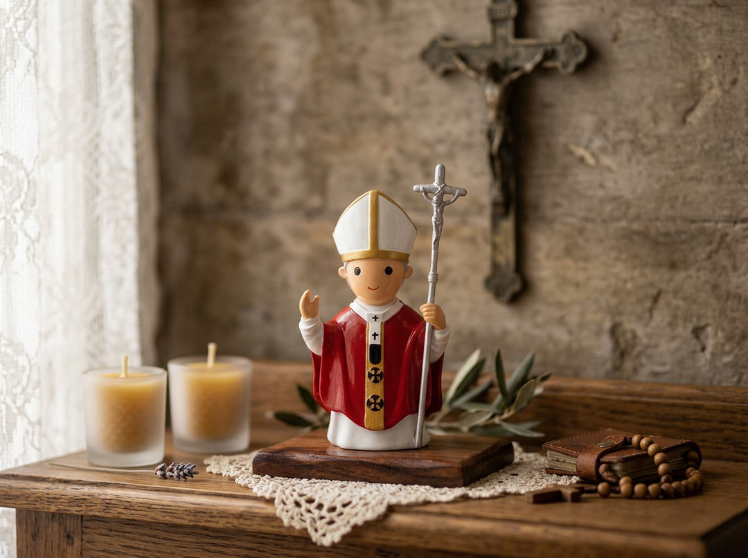 Little Drops of Water Pope John Paul II statue on a wooden home altar with crucifix, beeswax candles and wooden rosary