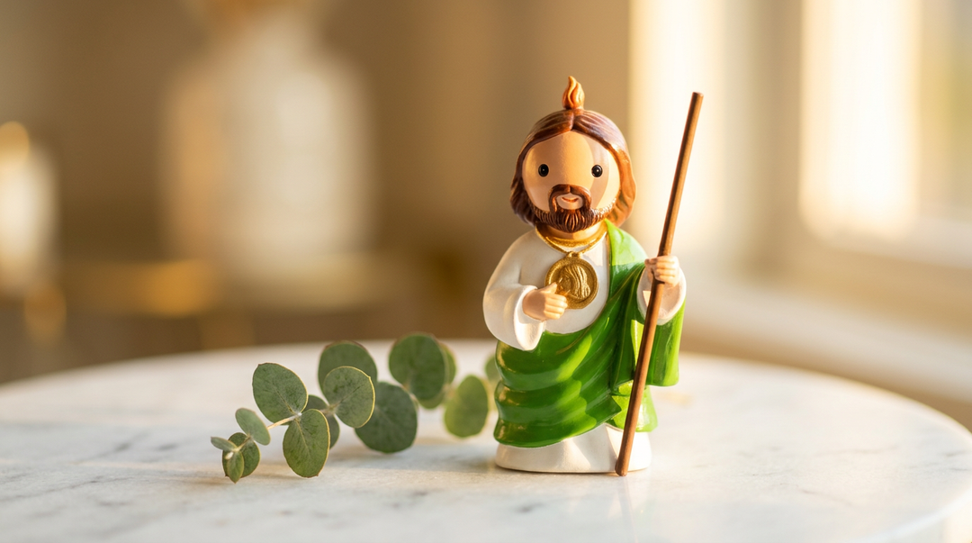 Little Drops of Water St. Jude Thaddeus statue with green cloak, staff and medal on a marble table with eucalyptus