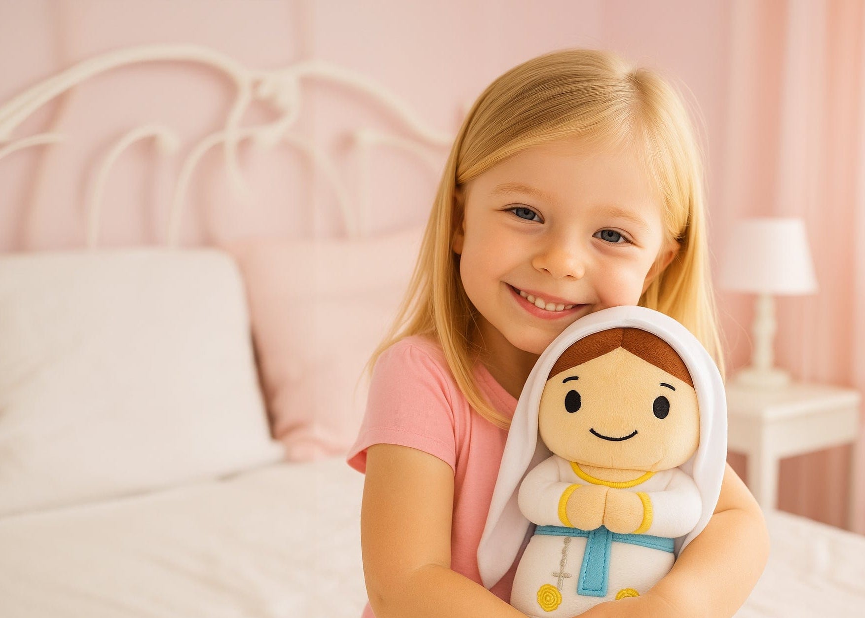 Young girl holding Our Lady of Lourdes plush toy by Little Drops of Water