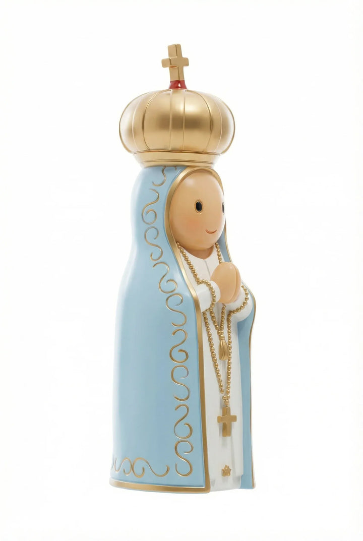 Our Lady of Fatima hand-painted Catholic miniature saint statue — side view showing the golden scroll detail on the cloak